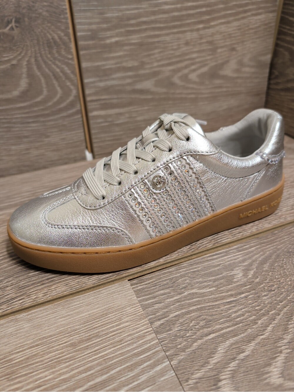 NIB Michael Kors Scotty Metallic Leather Lace Up Sneakers Silver Size 6M